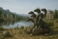 Photorealistic image of the Hydra perched on a rock beside a lake, surrounded by ancient Greek ruins and scattered swords and shields. The Hydra is positioned on the right side, under daylight.