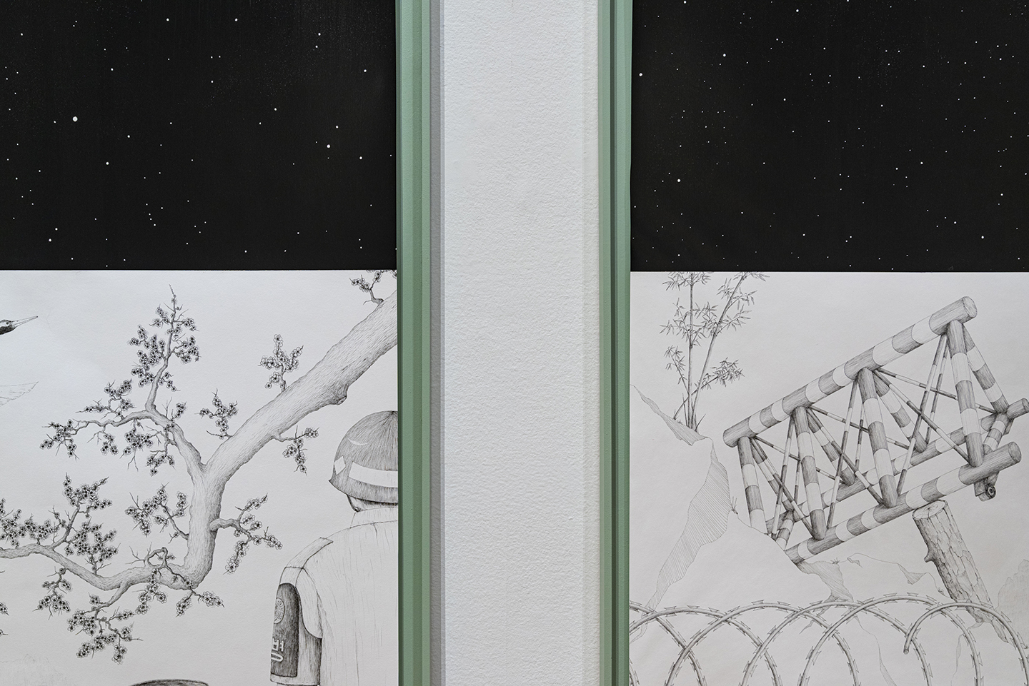 "Fortified...Super02" (detail) drawing series of four drawings with sumi-ink, Micron pen, mica, on Stonehenge paper with celadon color acrylic on wood frame