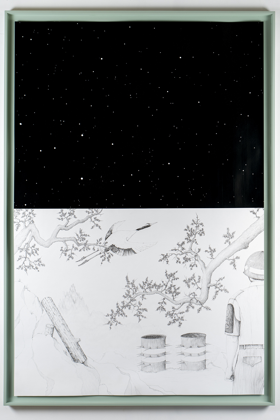 "Fortified...Super02" drawing series of four drawings with sumi-ink, Micron pen, mica, on Stonehenge paper with celadon color acrylic on wood frame