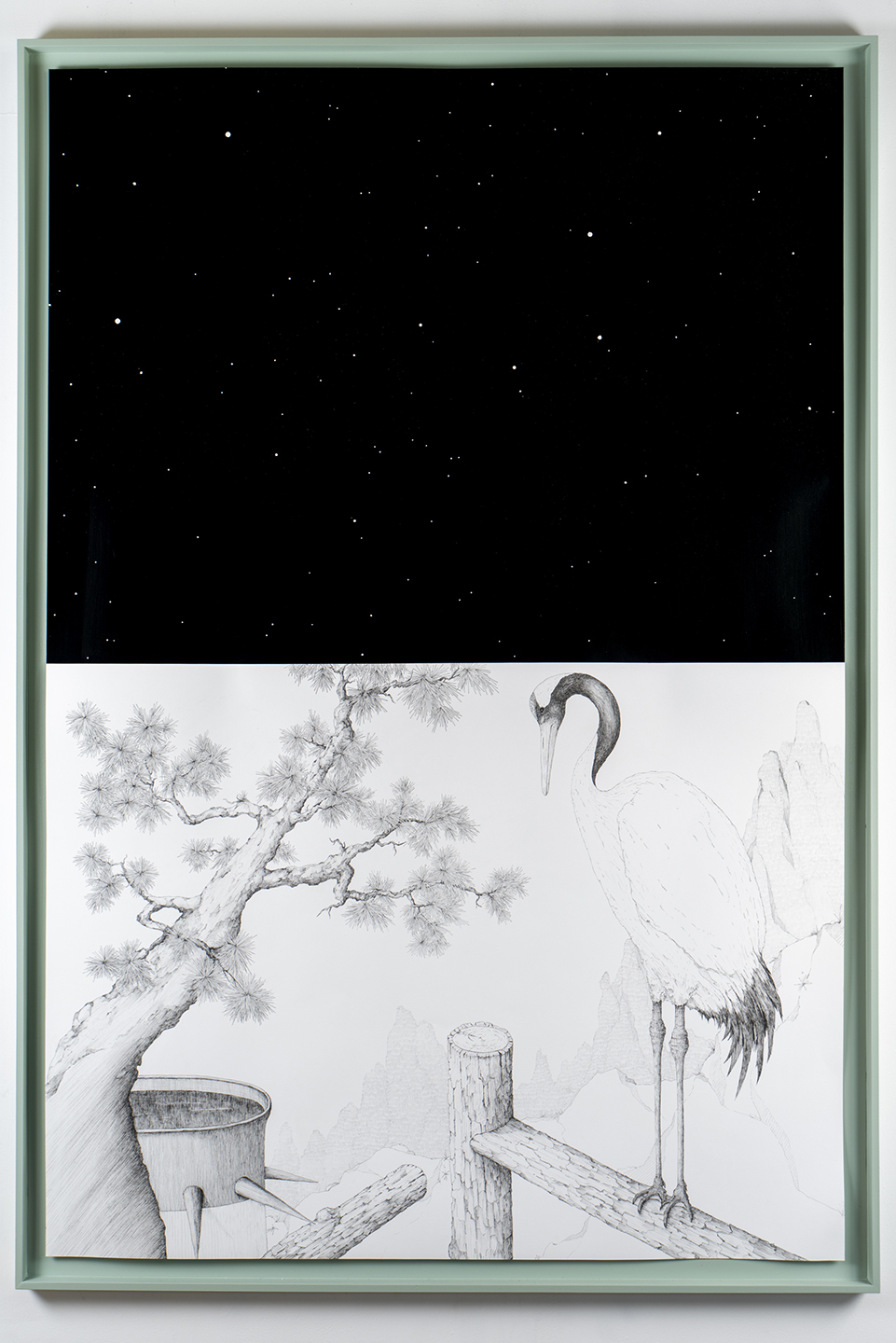 "Fortified...Super02" drawing series of four drawings with sumi-ink, Micron pen, mica, on Stonehenge paper with celadon color acrylic on wood frame