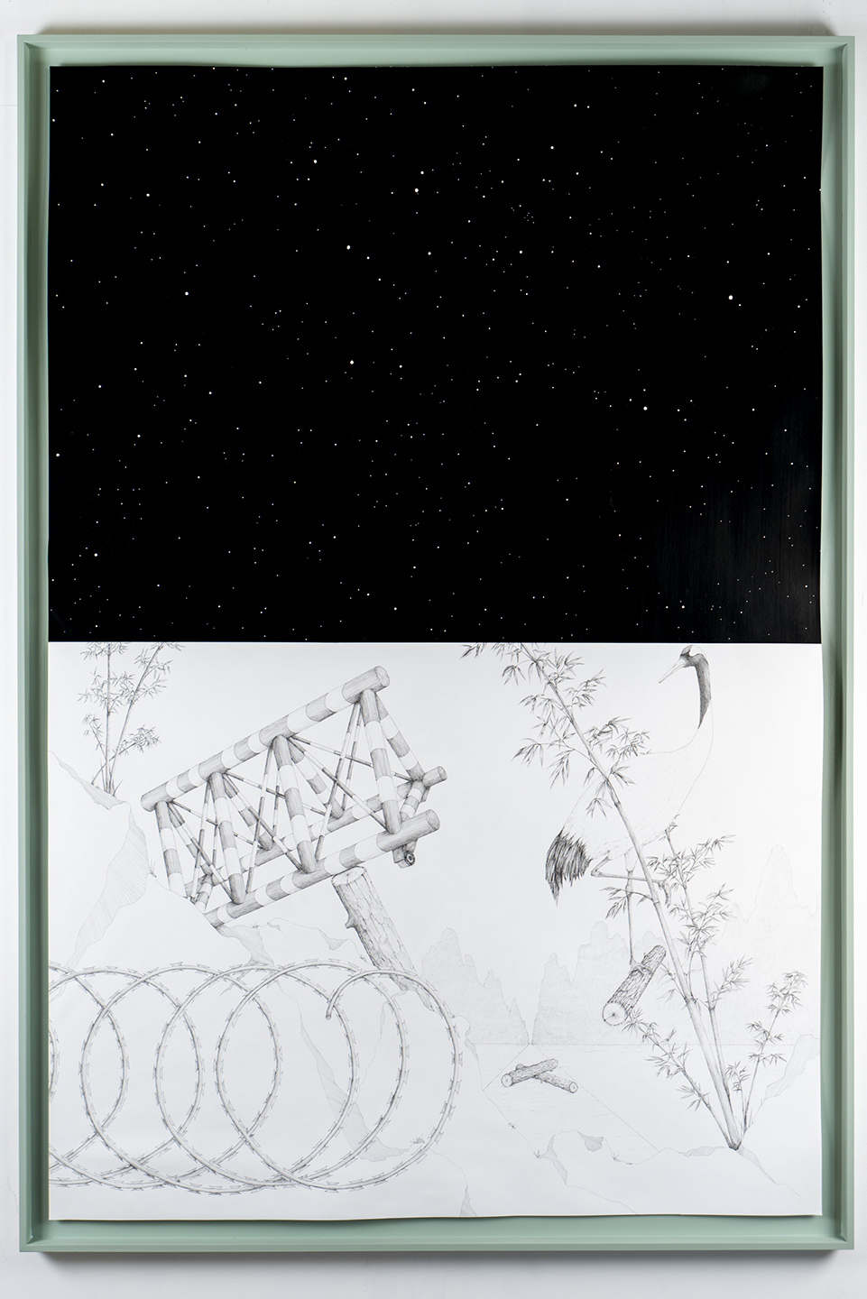 "Fortified...Super02" drawing series of four drawings with sumi-ink, Micron pen, mica, on Stonehenge paper with celadon color acrylic on wood frame