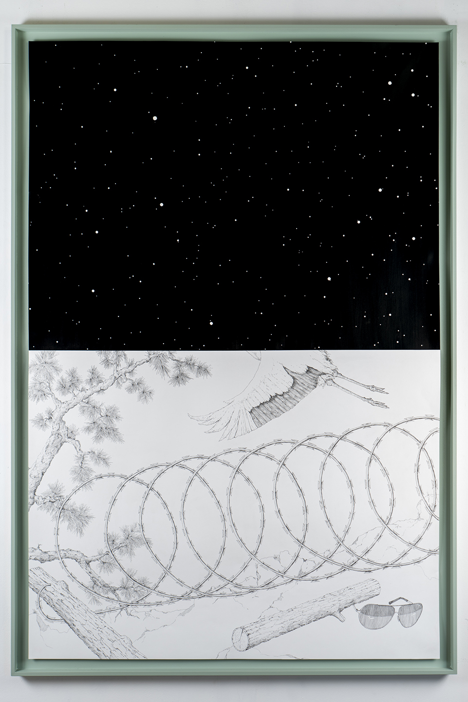 "Fortified...Super02" drawing series of four drawings with sumi-ink, Micron pen, mica, on Stonehenge paper with celadon color acrylic on wood frame