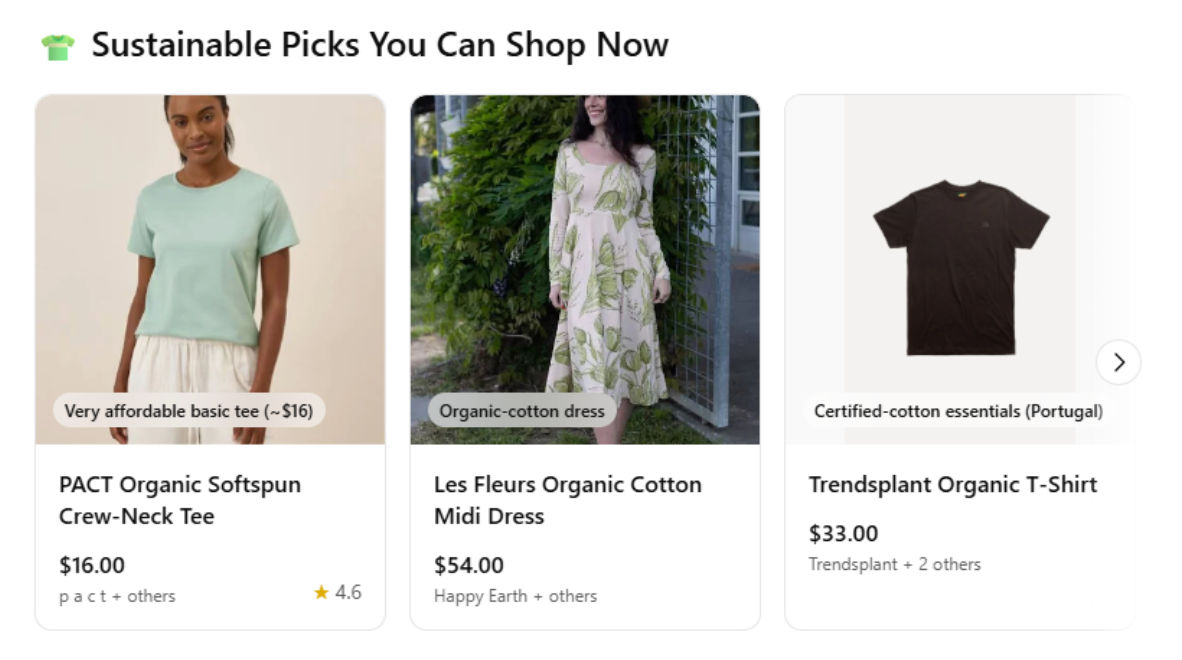 Sustainable clothing search results