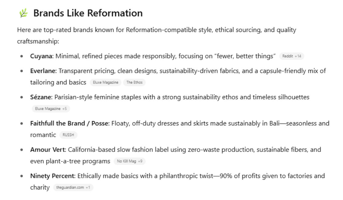 Reformation alternatives search results