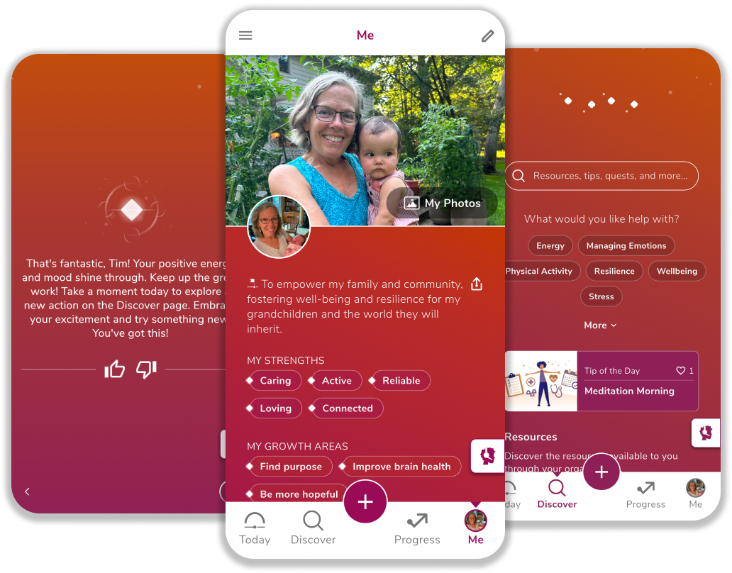 Three mobile screens from the Purposeful by Kumanu app. The center screen shows a user profile with a photo of an older woman holding a baby and a personal purpose statement about supporting her family and future generations. Her strengths and growth areas are listed below. The left screen displays a motivational message with options to give feedback. The right screen features a search bar with topic tags like energy, resilience, and wellbeing, and a 'Tip of the Day' card titled 'Meditation Morning.