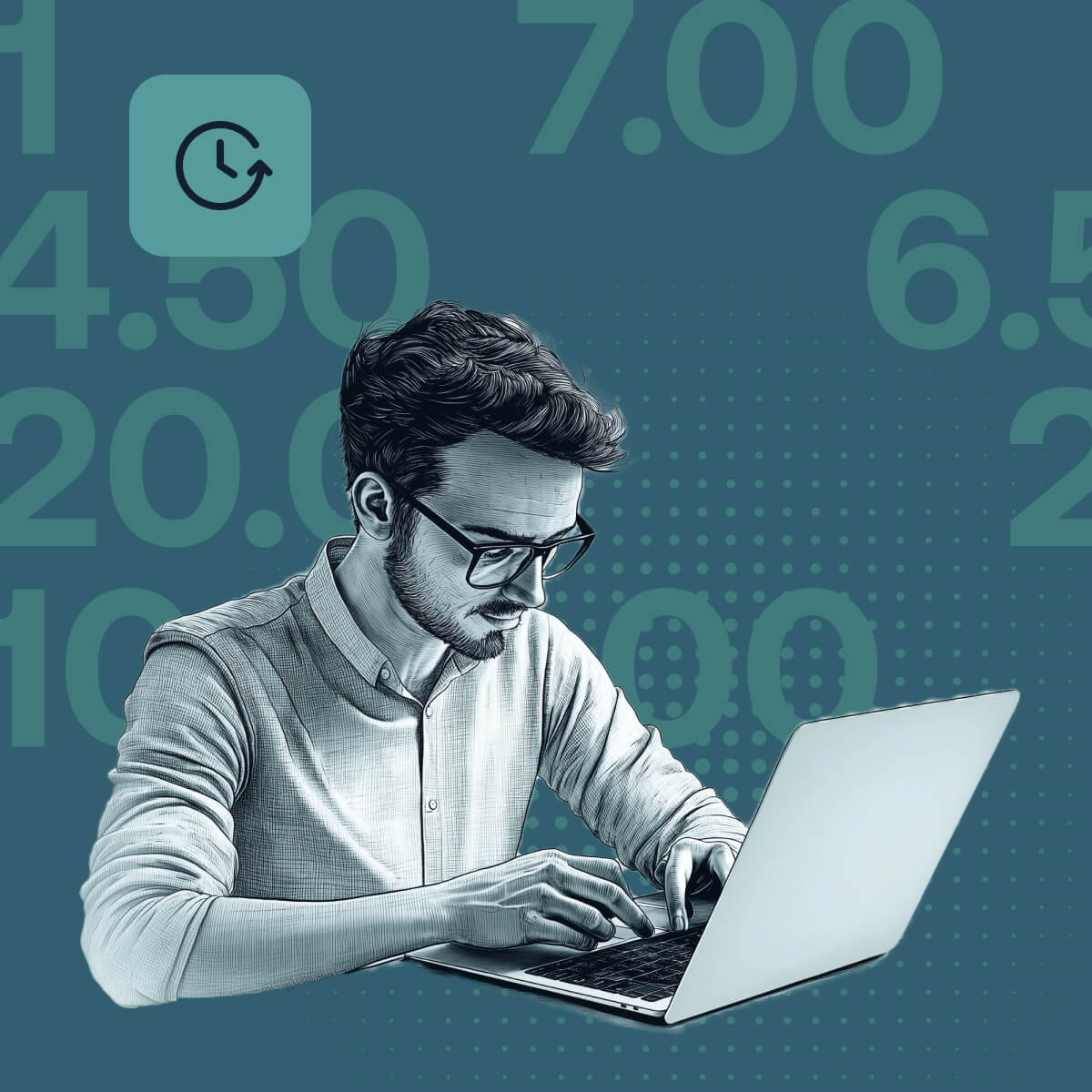 finance professional working on spreadsheets with numbers and clock in the background 