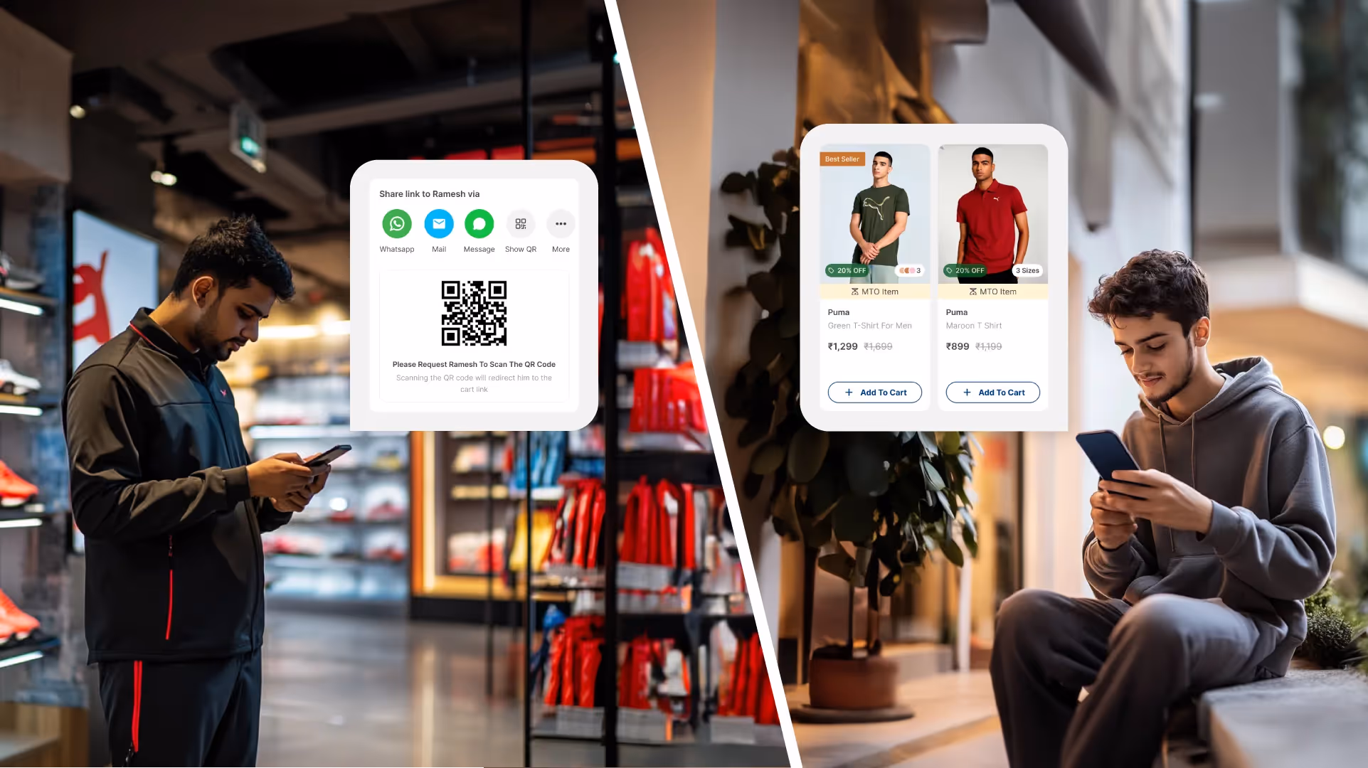 Photo describing a store associate using Fynd Store OS to sell products remotely