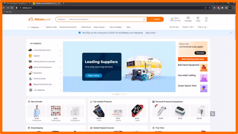 Homepage of Alibaba.