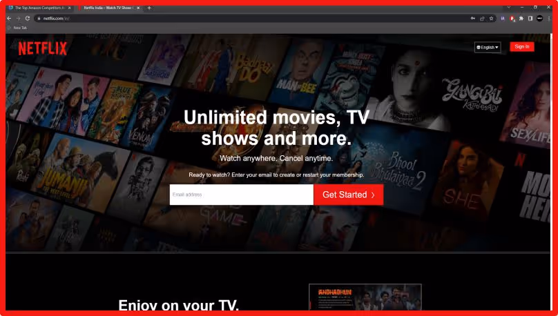 Homepage of Netflix.