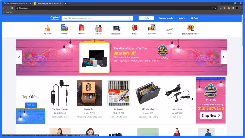 Homepage of Flipkart.