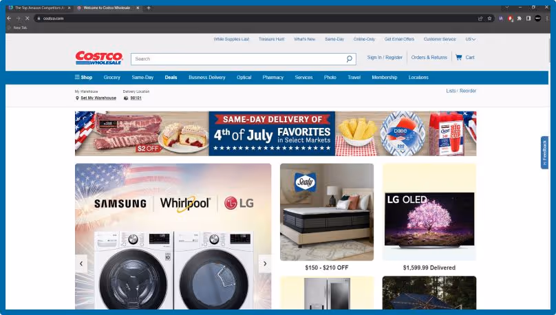 Homepage of Costco.