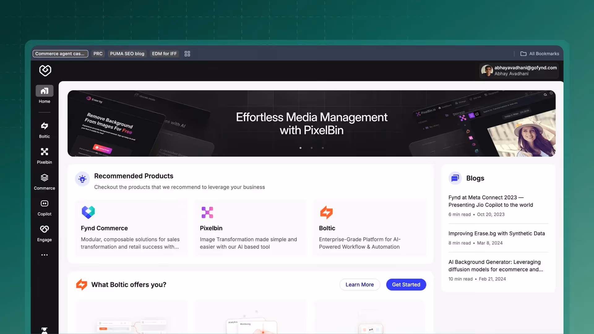 Photo of the Boltic interface integrating with other products such as Fynd Commerce and PixelBin