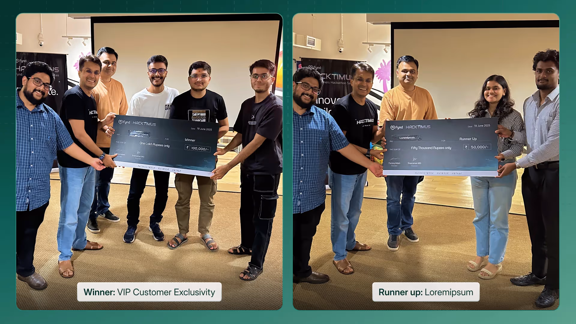 Hacktimus 2025 winners holding large prize checks. VIP Customer Exclusivity team awarded first place, LoremIpsum team awarded runner-up.