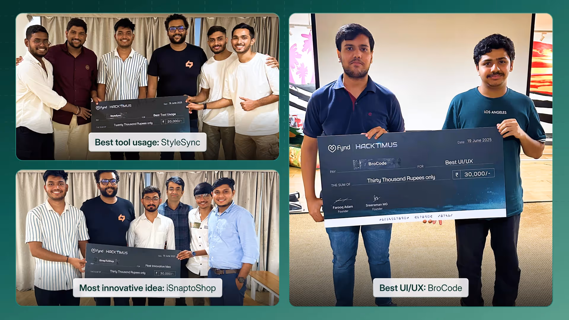 Hacktimus 2025 category winners displaying their prize checks—StyleSync for Best Tool Usage, iSnaptoShop for Most Innovative Idea, and BroCode for Best UI/UX.