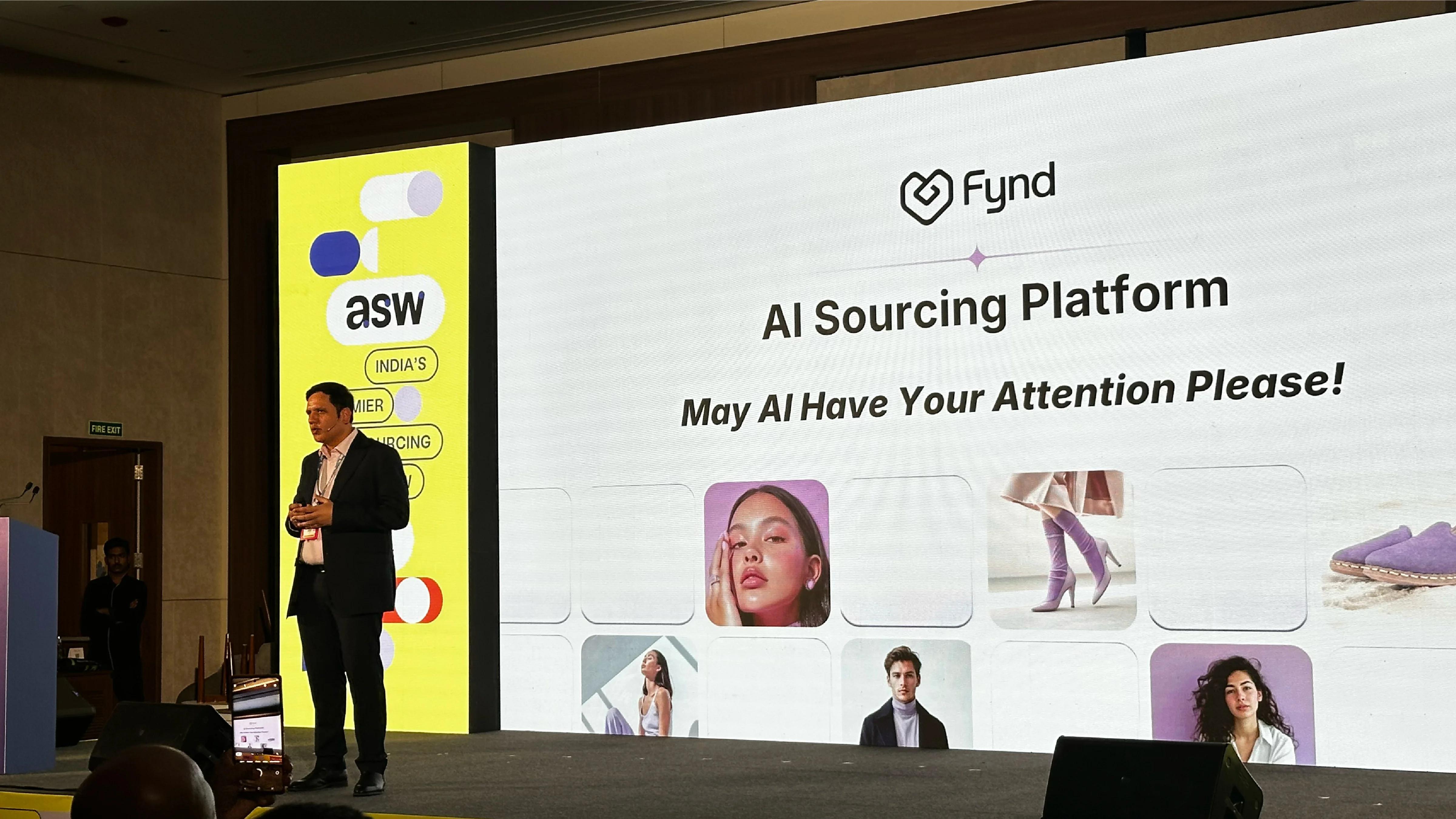 Dharmendra Mehta presenting Fynd's AI Sourcing Platform at ASW 2025, showcasing innovative fashion technology.