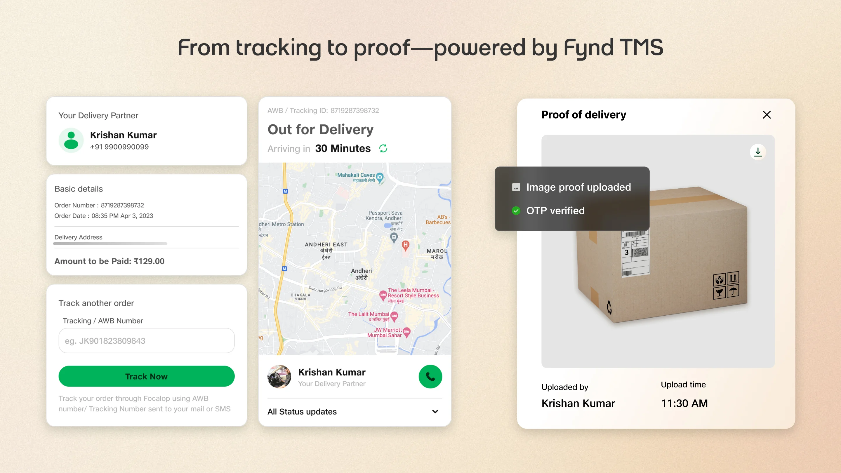 Visual representation of West Elm’s live delivery tracking and digital proof-of-delivery features enabled by Fynd TMS, showing real-time updates, delivery partner details, and verification statuses.