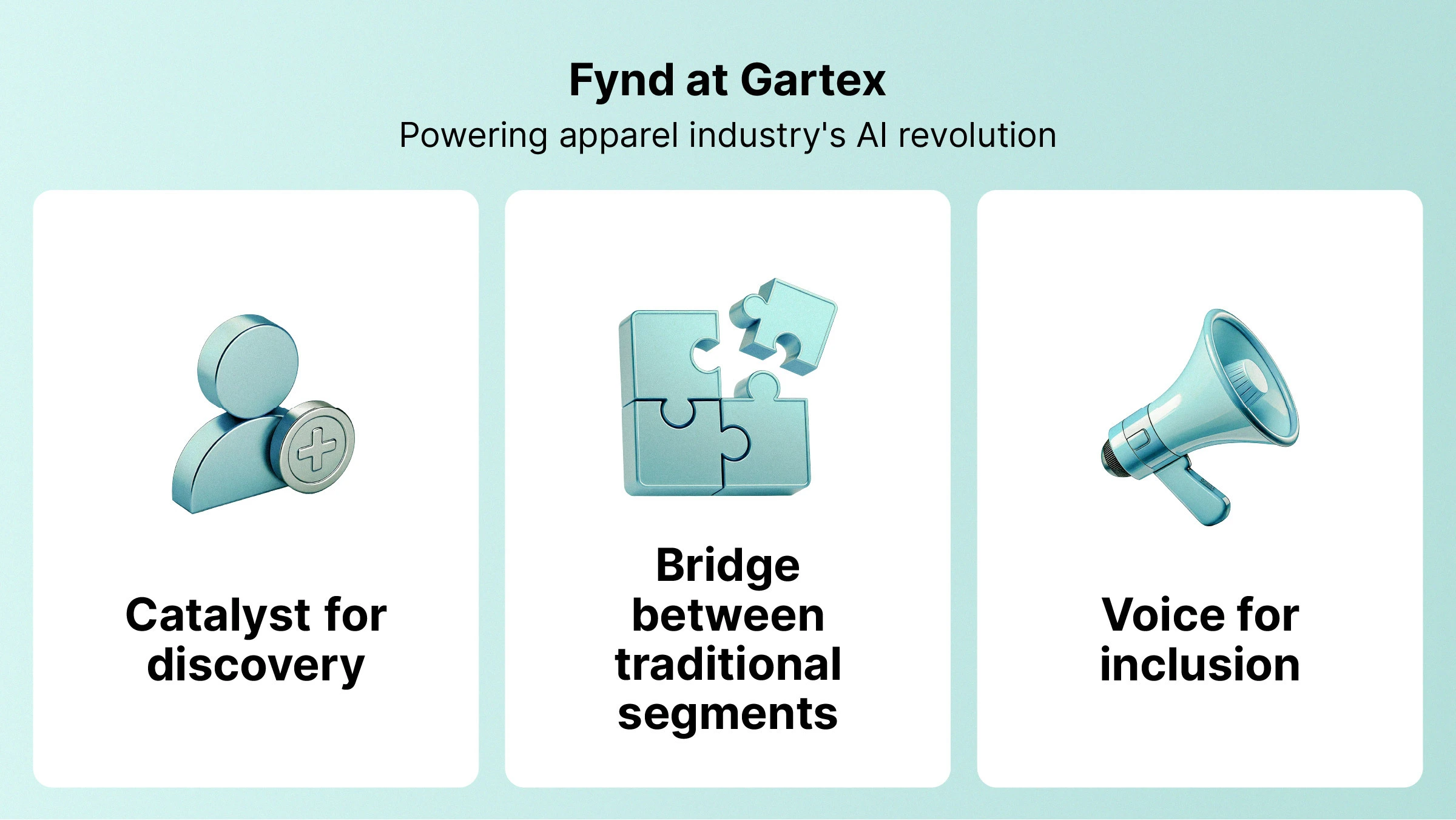 3 block symbolising Fynd's mission at Gartex 2025, catalyst for discovery, bridging the gap and voice for inclusion