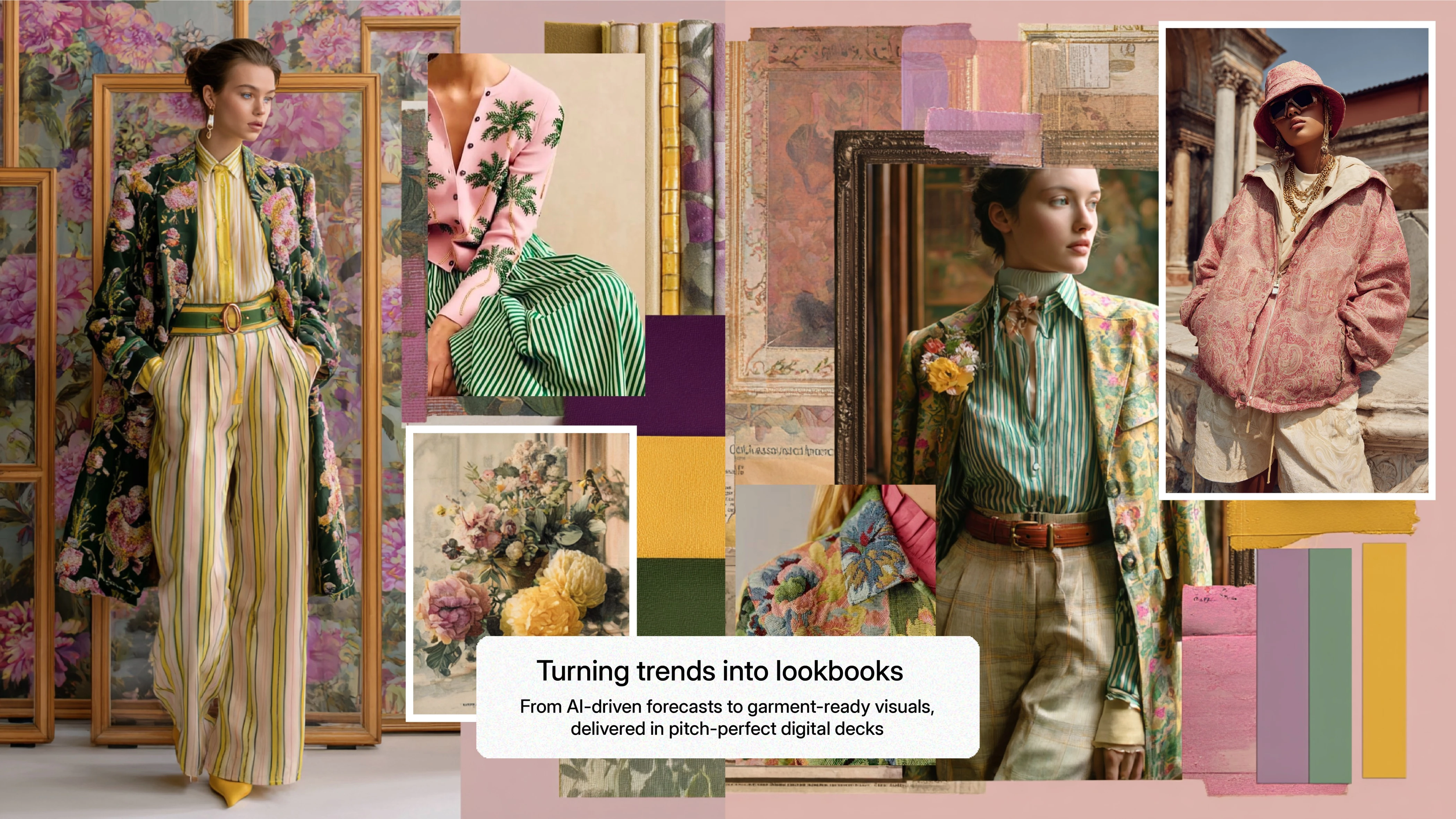 AI-generated fashion moodboard showing fabric prints, garment visualizations, and color palettes for Autumn/Winter 2026, created using Fynd DaaS for SSK Fabrics.
