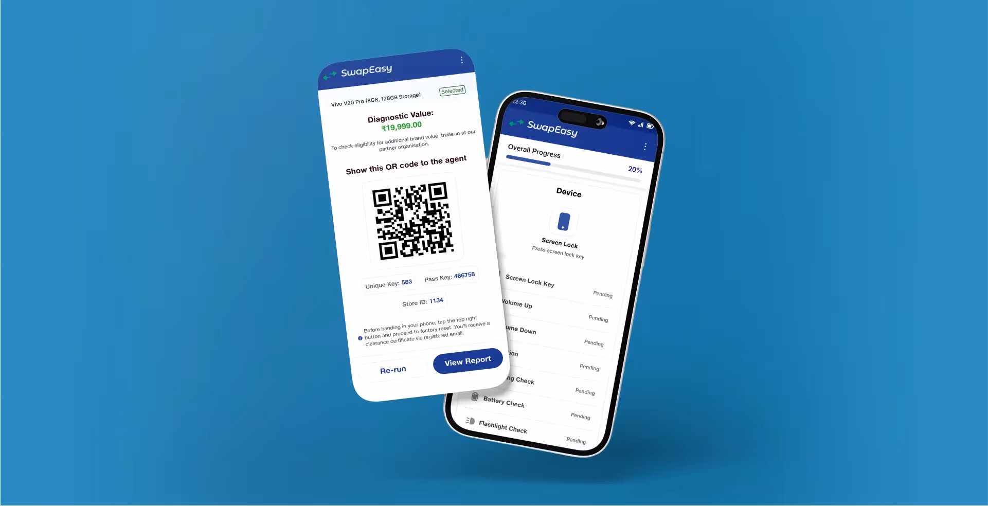 Two phone screens showing the SwapEasy diagnostic app—left displays a QR code and instant diagnostic value; right lists device checks (screen, buttons, charging, battery, flashlight) with progress.