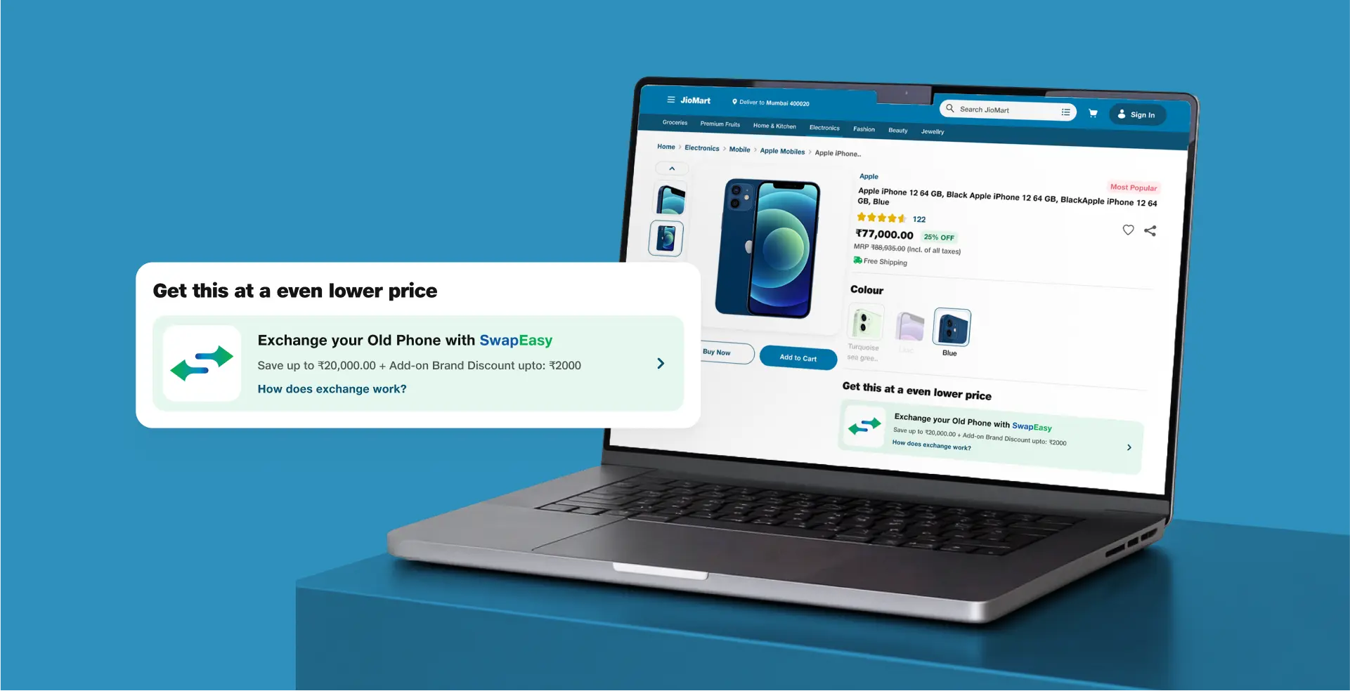 Laptop showing a JioMart product page with a “Exchange your old phone with SwapEasy” widget offering savings and brand discounts.