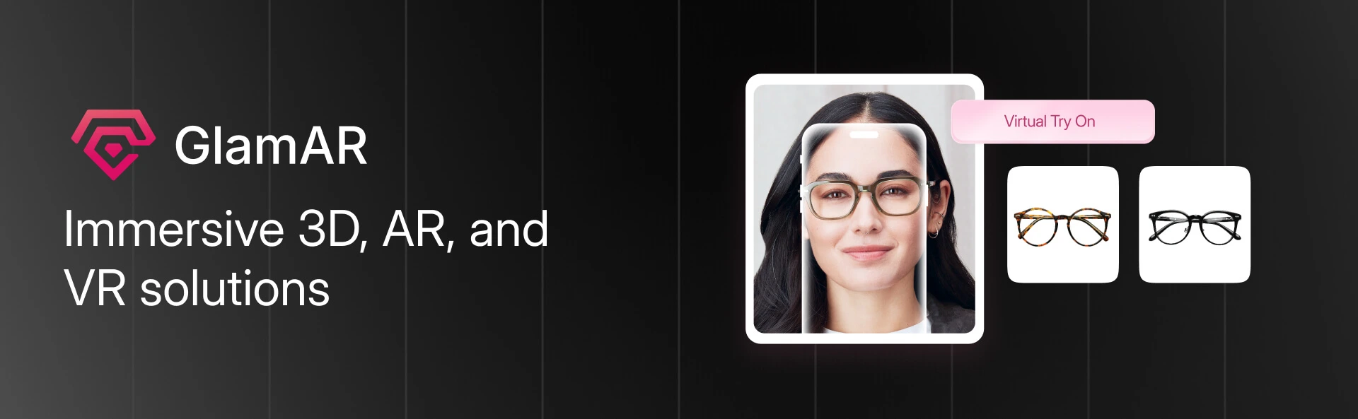 GlamAR interface showing virtual eyewear try-on using 3D and AR