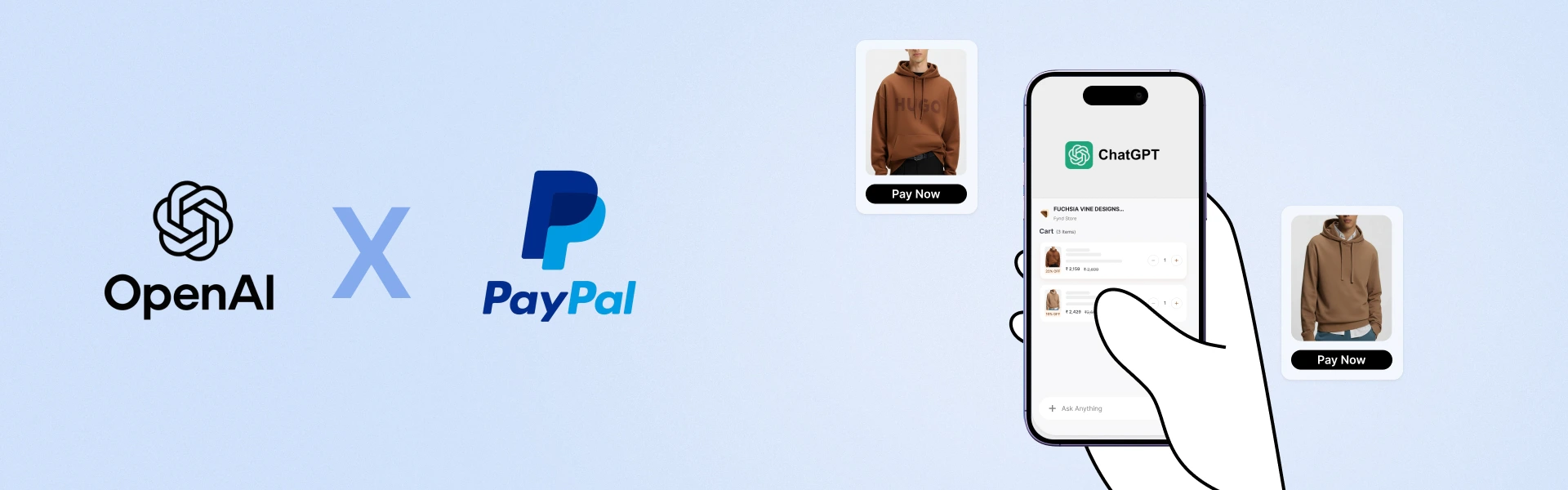 Illustration showing OpenAI and PayPal integration, with a smartphone displaying ChatGPT