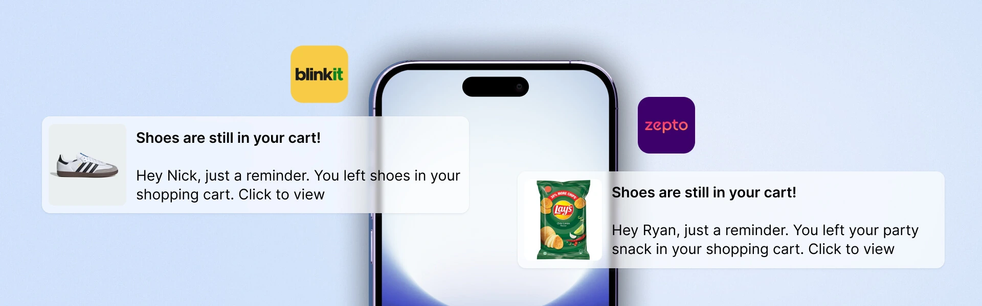 Image of an AI-driven cart reminder notifications from Blinkit and Zepto appearing on a smartphone