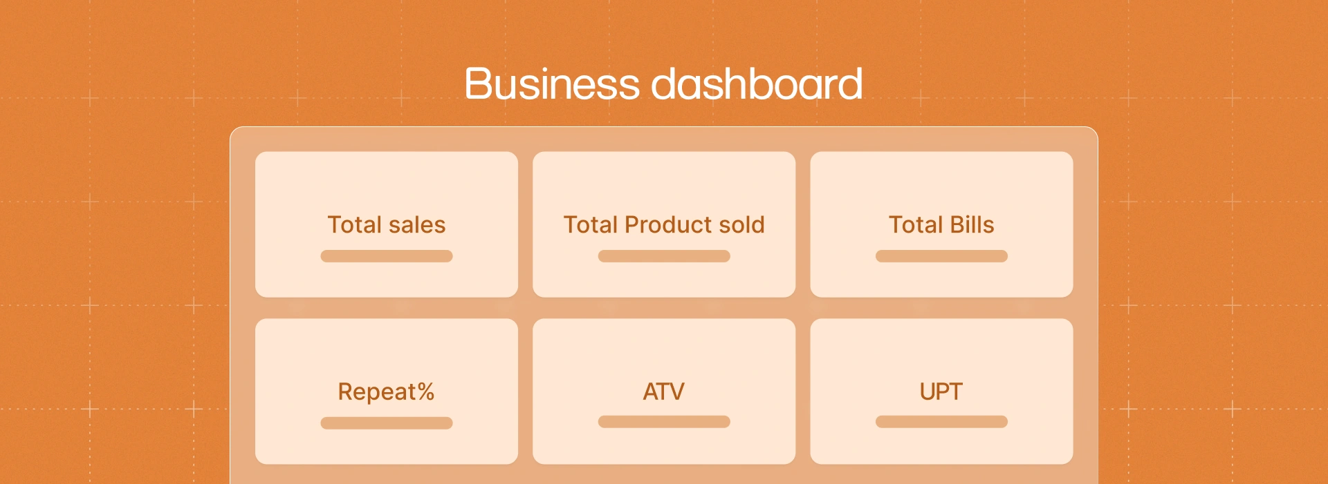 Business dashboard displaying metrics such as total sales, total products sold, total bills, repeat percentage, ATV, and UPT