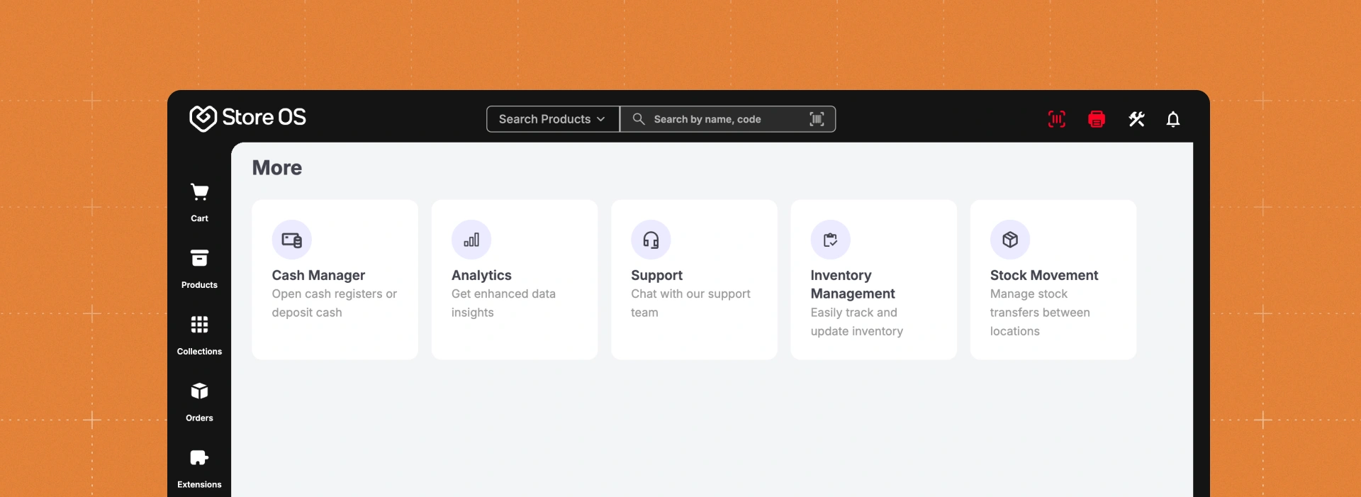 Store OS interface featuring modules like cash manager, analytics, support, inventory management and stock movement.