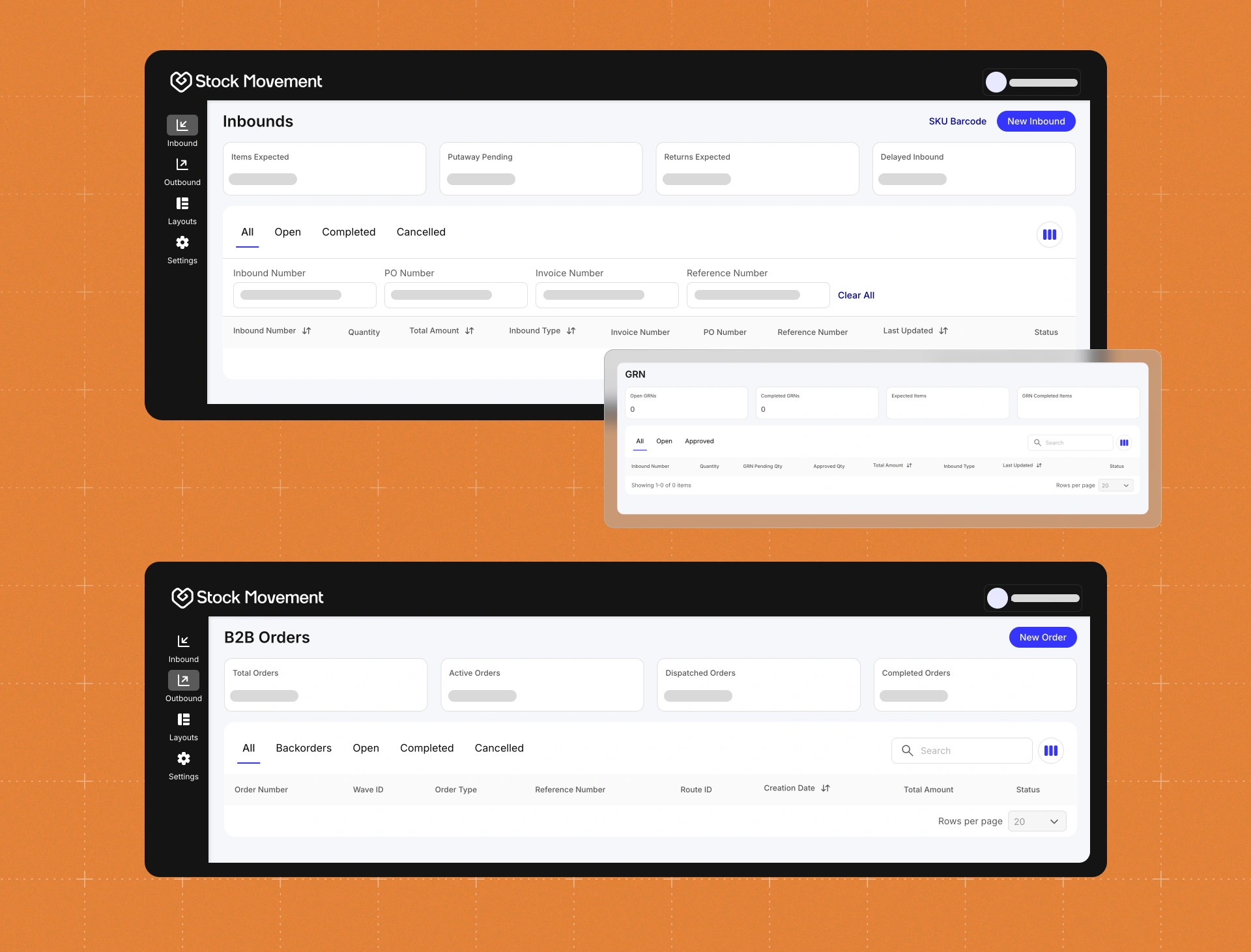 Stock Movement dashboard showing inbound tracking, GRN status, and B2B order management