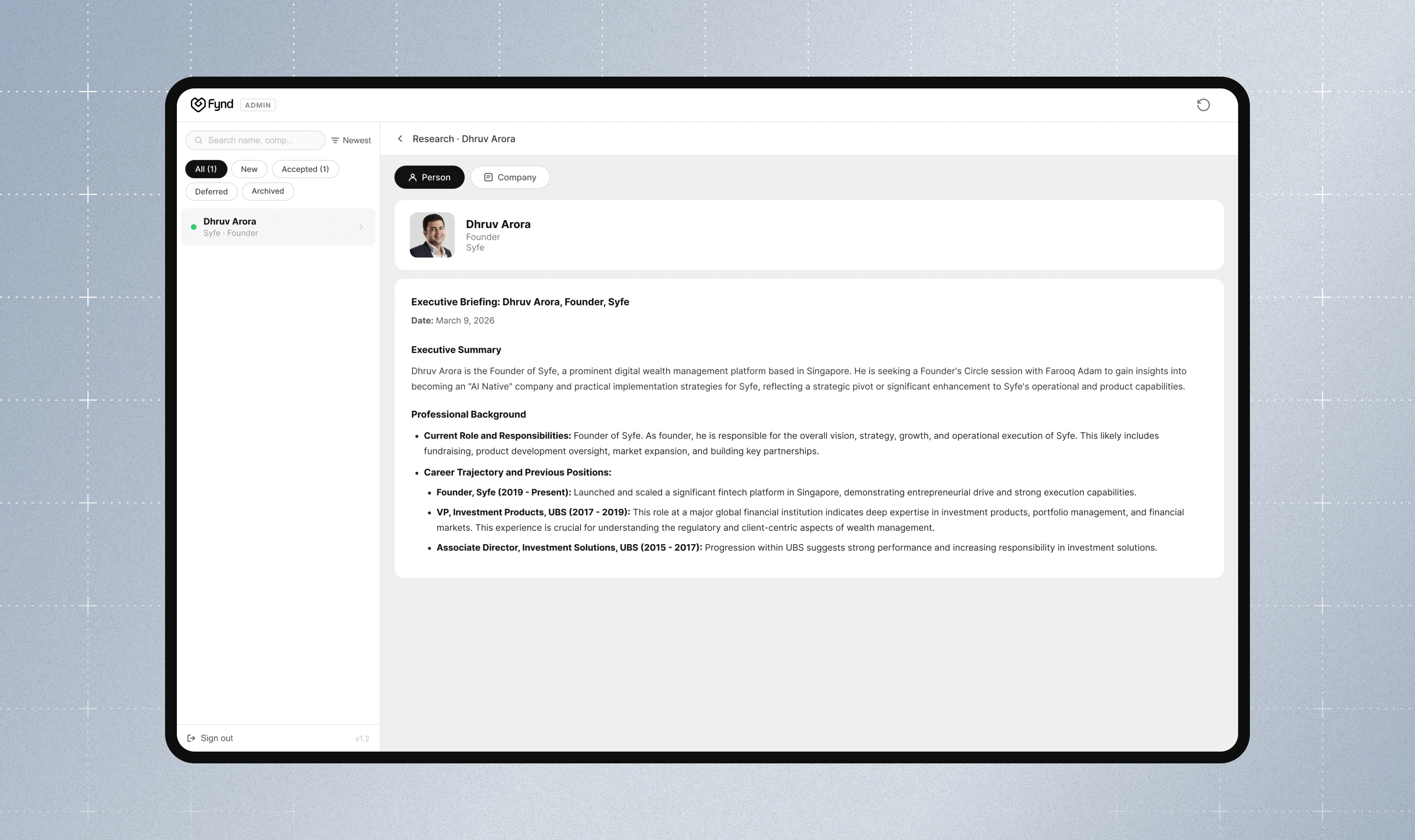 A dashboard showing a linkedIn profile on the Fynd Foundation page 