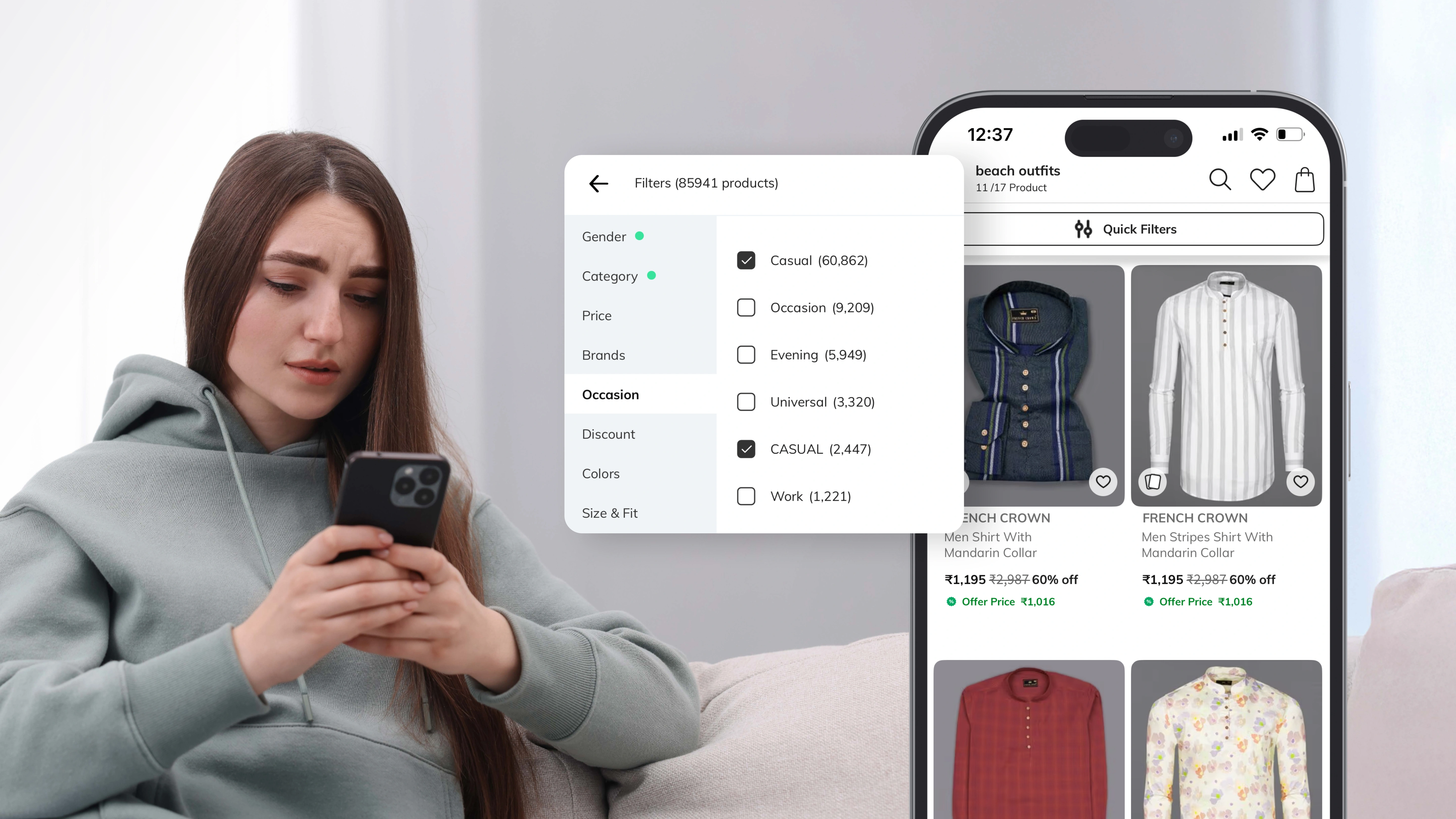 A women seen searching on Ajio platform and is struggling to find products