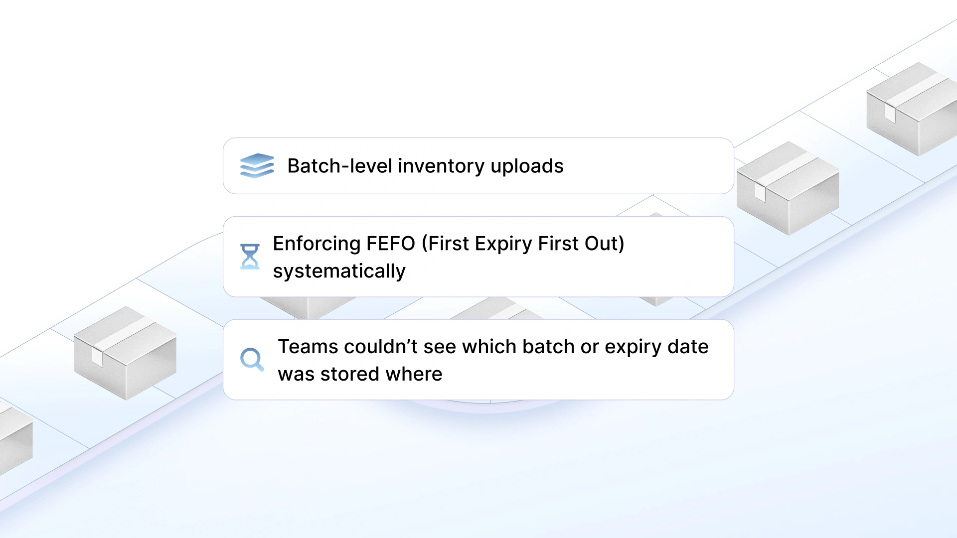 Infographic showing three warehouse challenges related to batch and expiry management