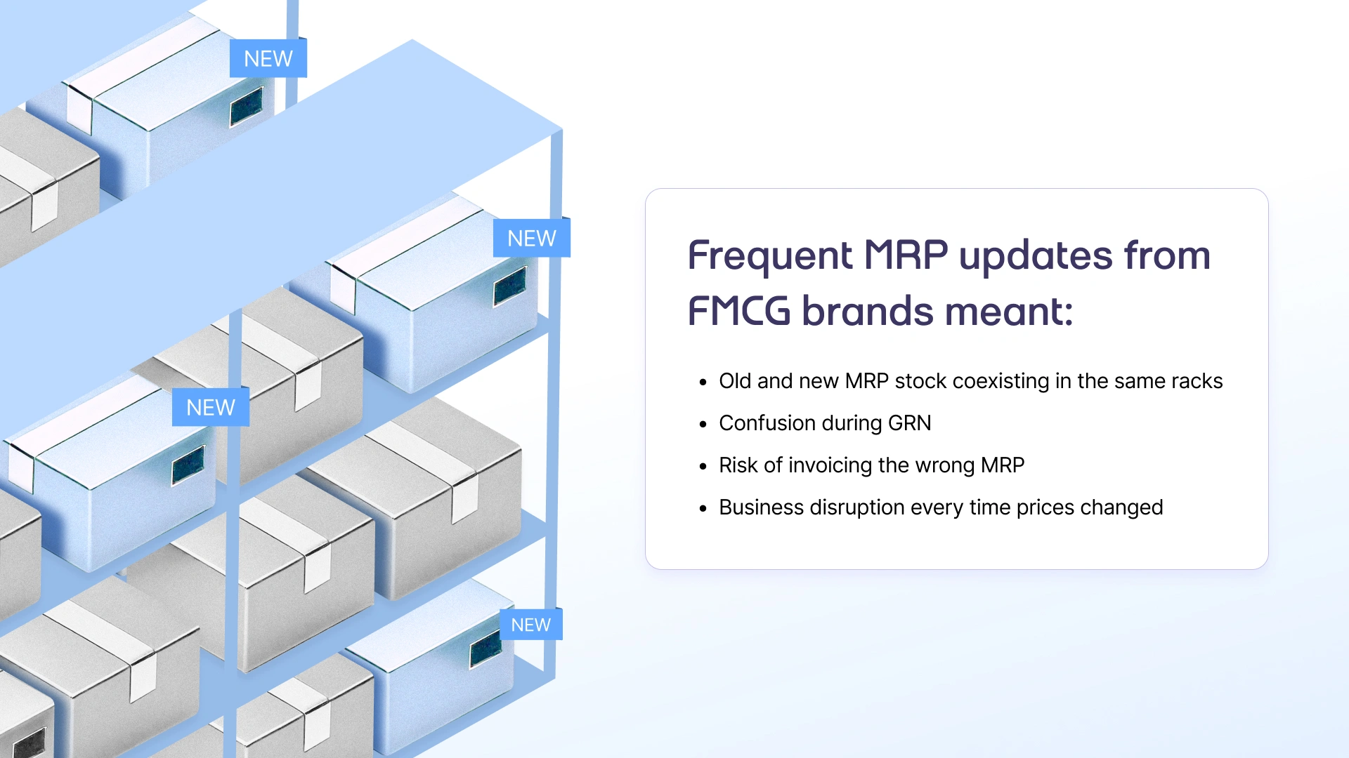 Illustration of warehouse shelves with boxes tagged "NEW" mixed alongside untagged older stock