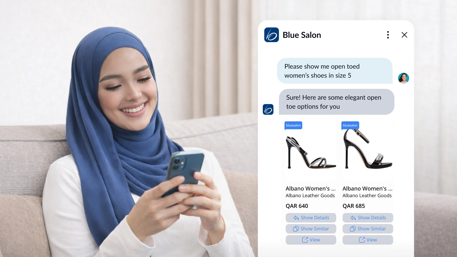 An image showing a customer using Blue Salon's AI shopping concierge on her phone to discover open-toe women's shoes by size