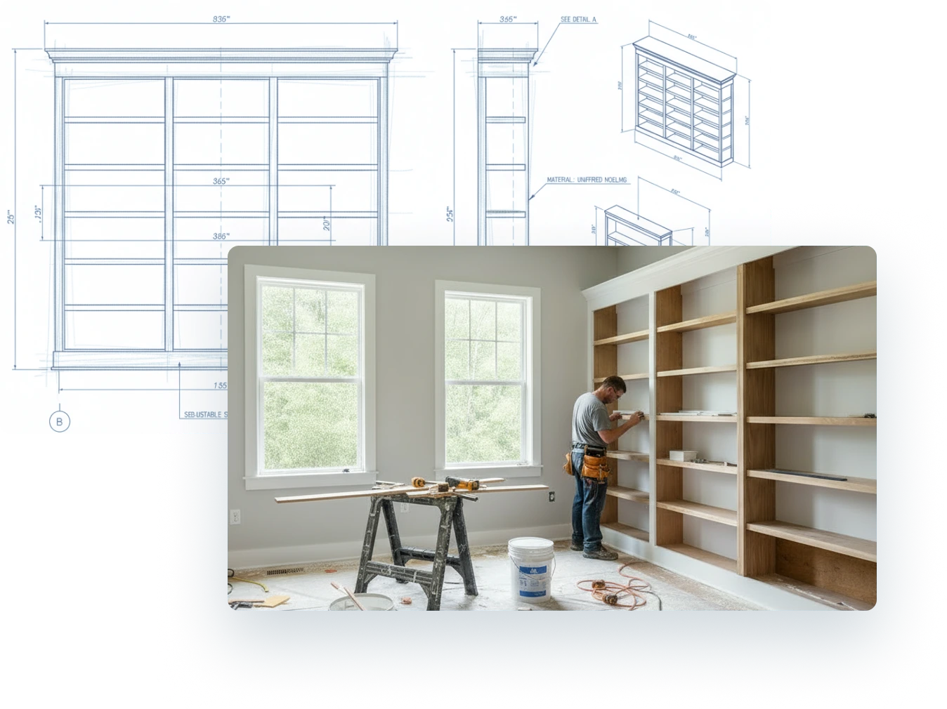 Contractor building shelves overlayed with architectural blueprint drawings.