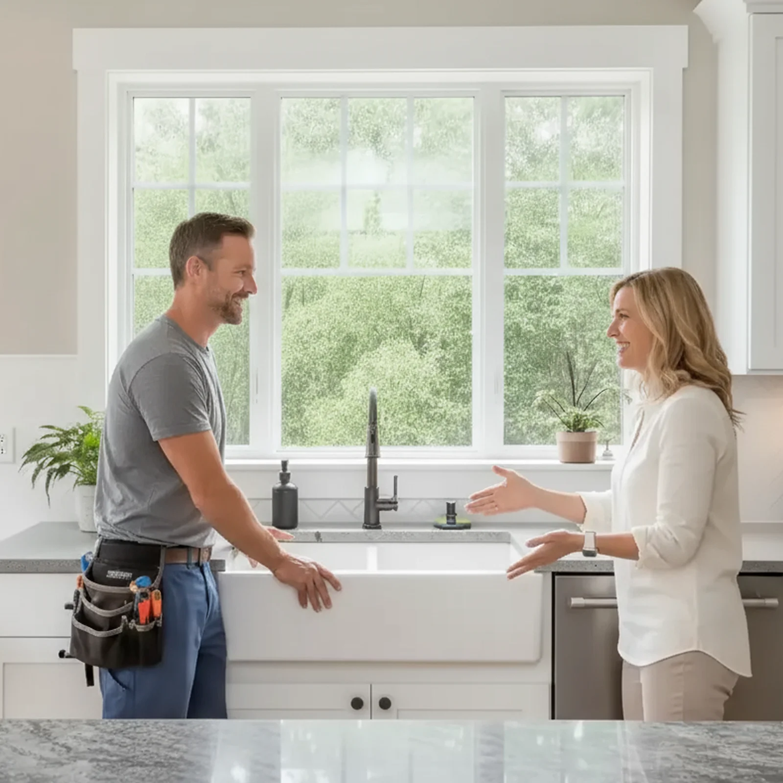 Home service professional talking to a woman about a new kitchen sink.