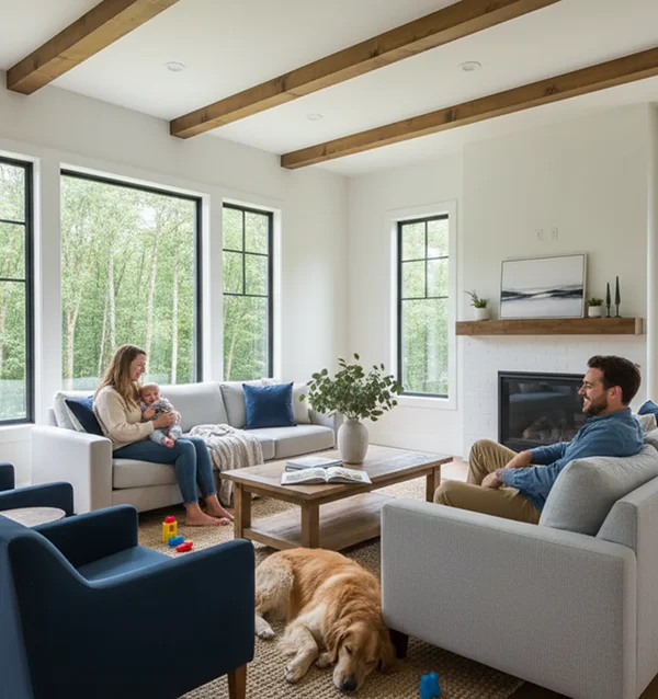 Family relaxing with baby and dog in a bright, modern living room.