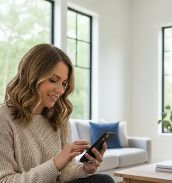 Smiling woman sitting in a bright living room, comfortably using her smartphone.
