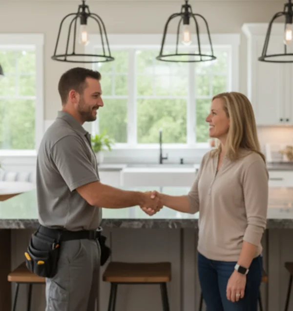 Home service professional shaking hands with a happy homeowner in a modern kitchen.
