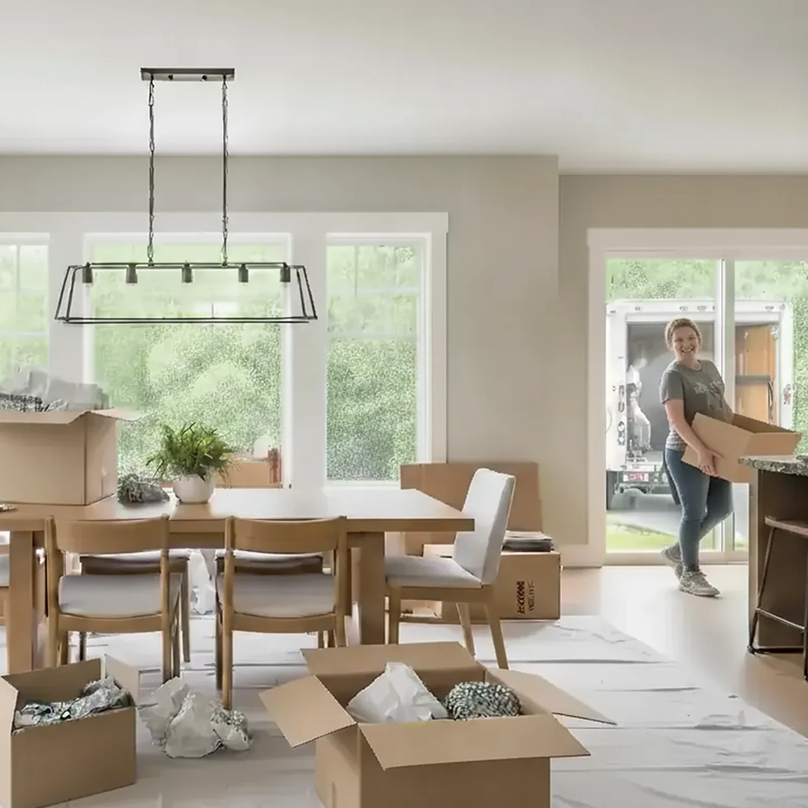 Woman moving boxes into a new home, with a moving truck visible in the background.
