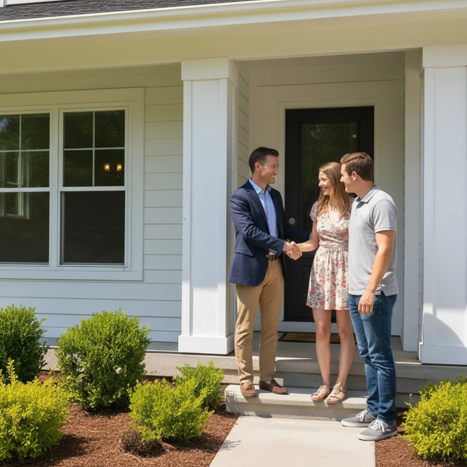 Real estate agent shaking hands with a happy couple in front of a new white home.