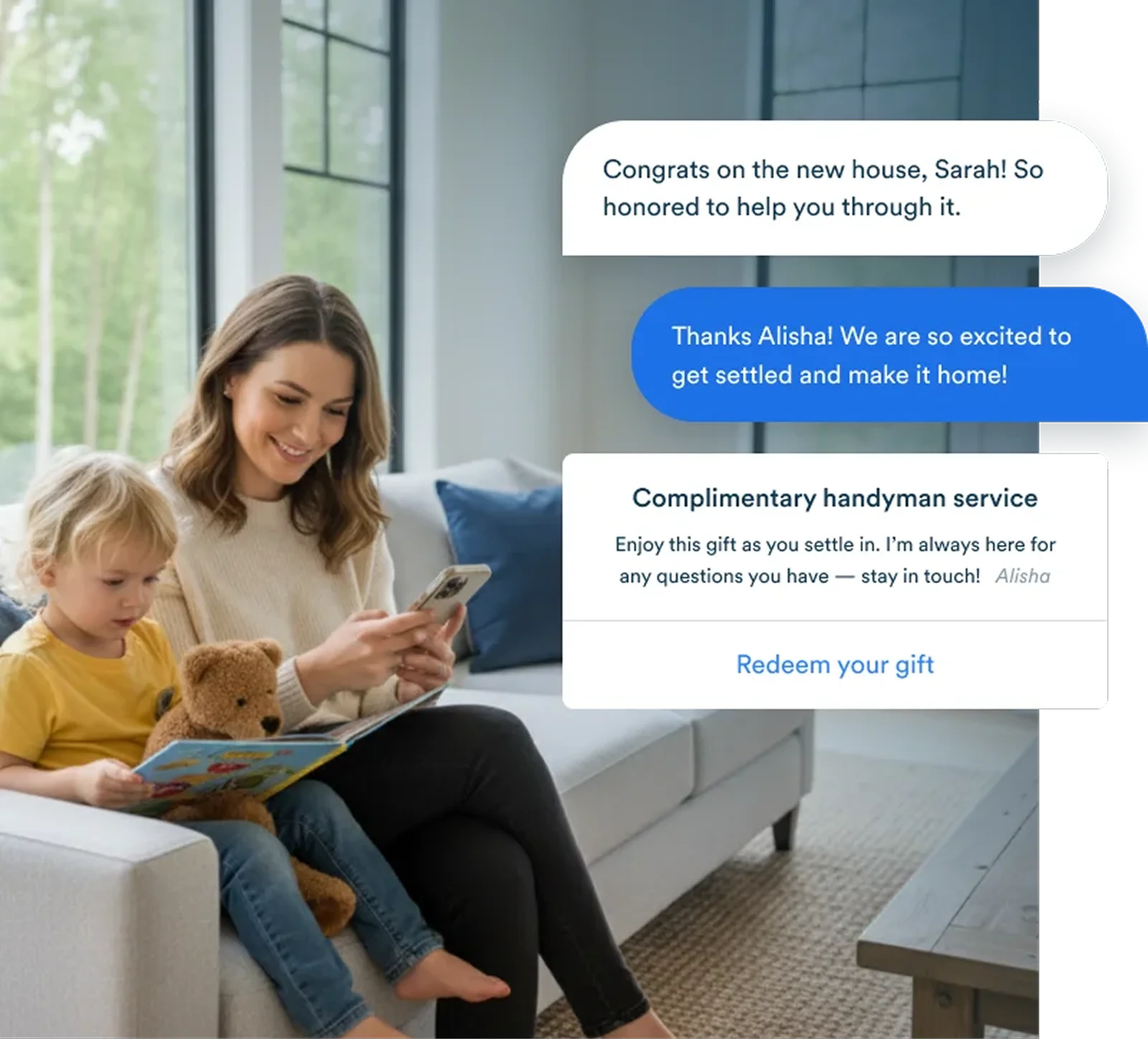 New homeowner receiving a text message with a complimentary handyman service gift.