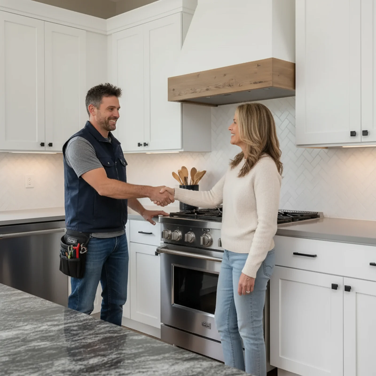 Home service professional shaking hands with a homeowner in a white modern kitchen.