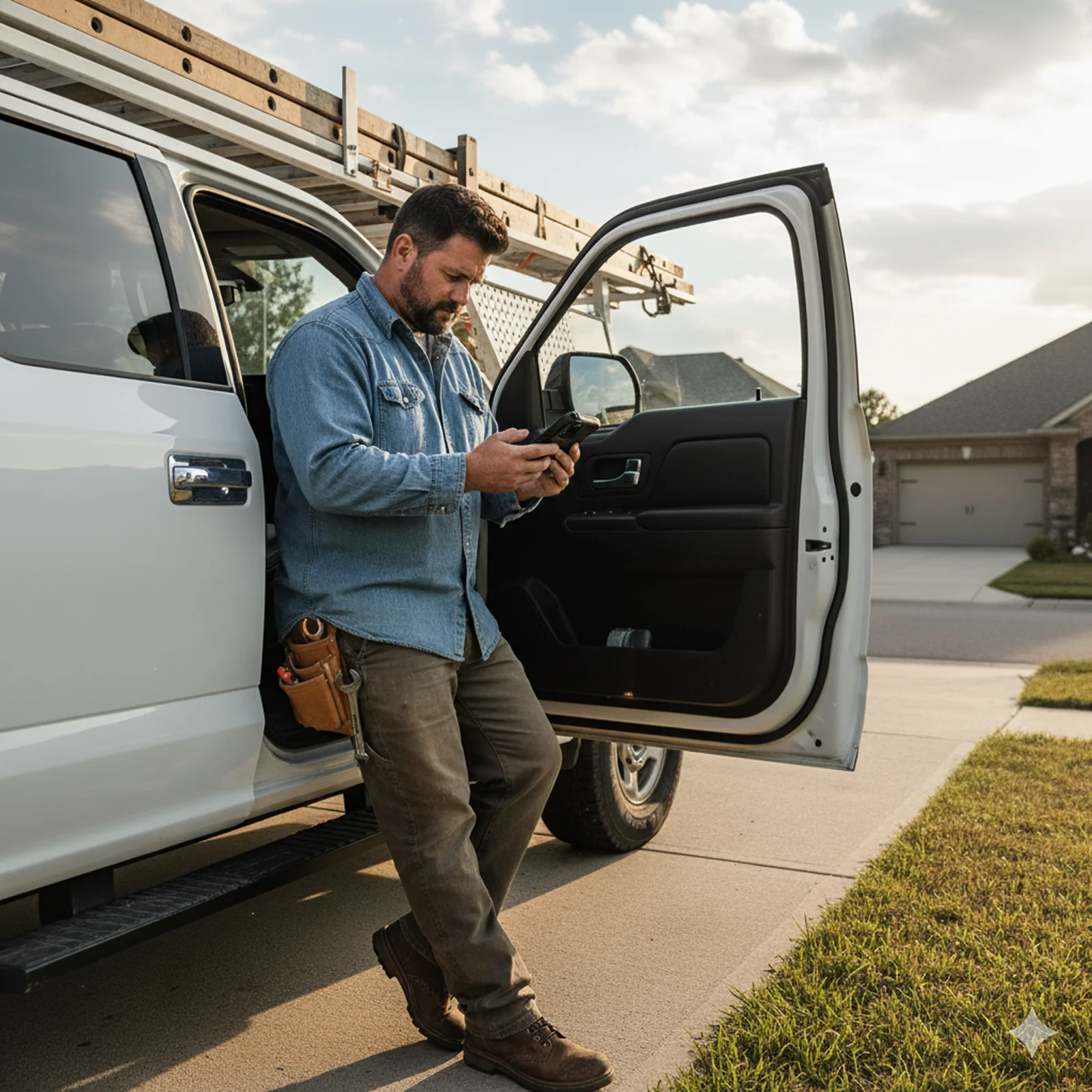 Contractor with a tool belt leaning against his work truck while checking his smartphone in a suburban driveway.
