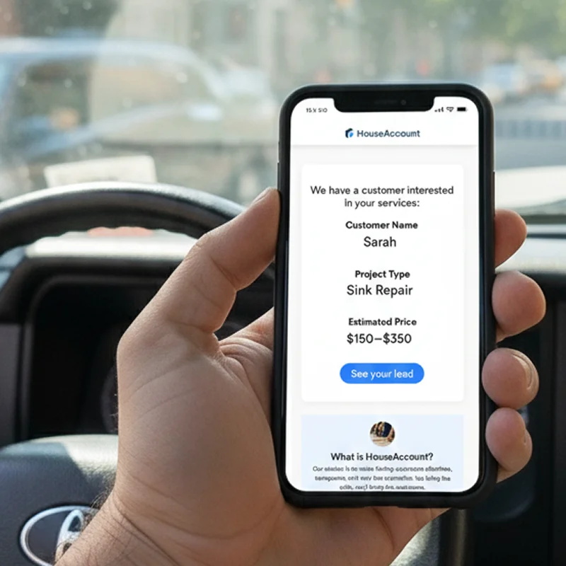 A service provider viewing a new job lead for a Sink Repair on the HouseAccount mobile app.