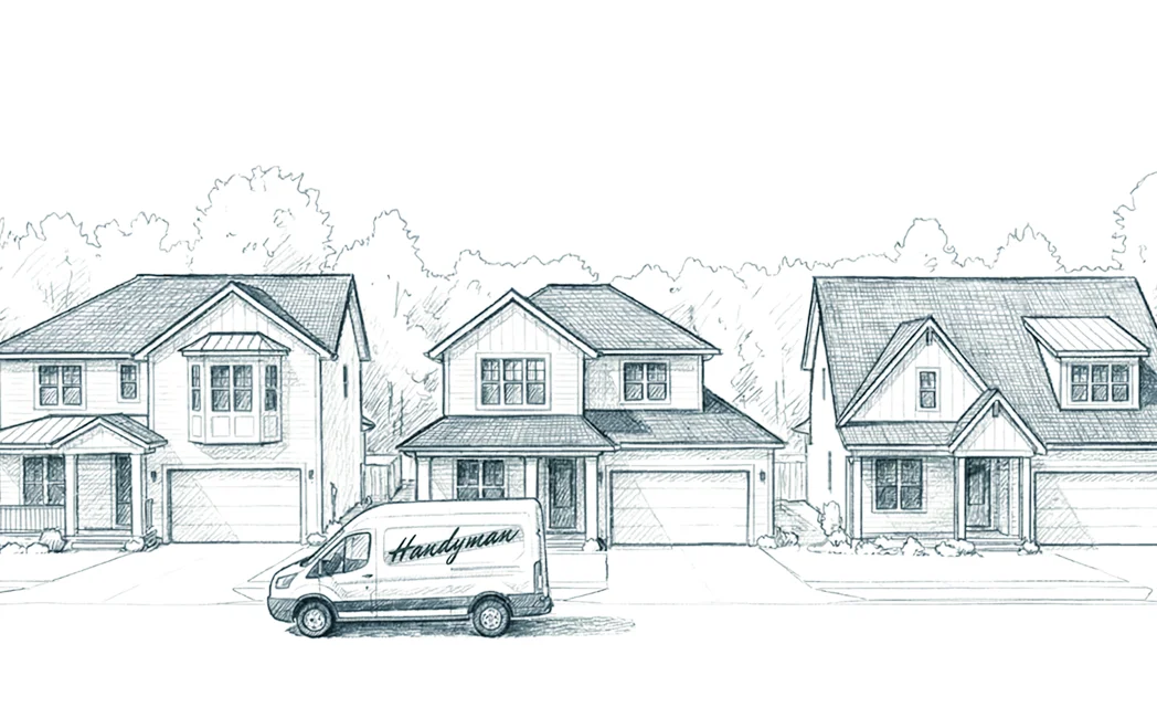 A black and white sketch of six suburban houses in a row with a delivery van parked on the street in front of them.