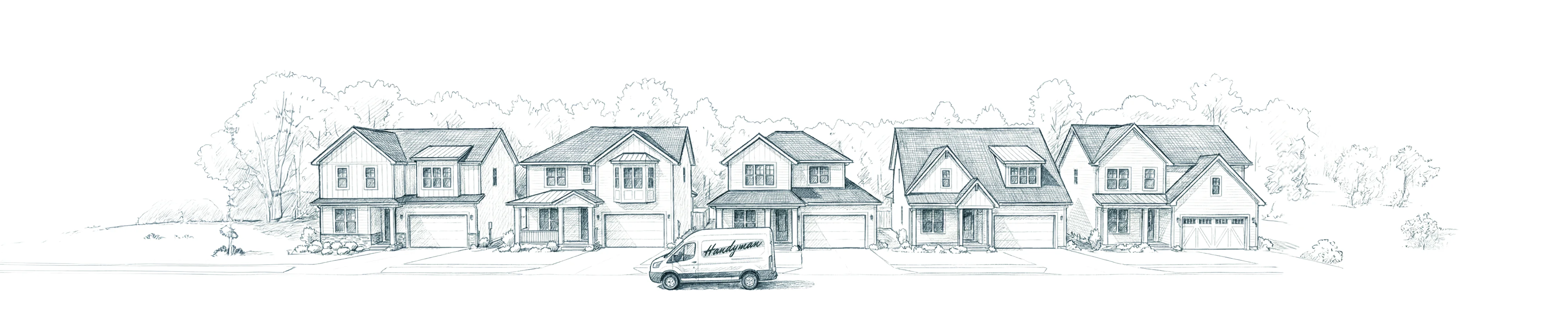 A black and white sketch of six suburban houses in a row with a delivery van parked on the street in front of them.