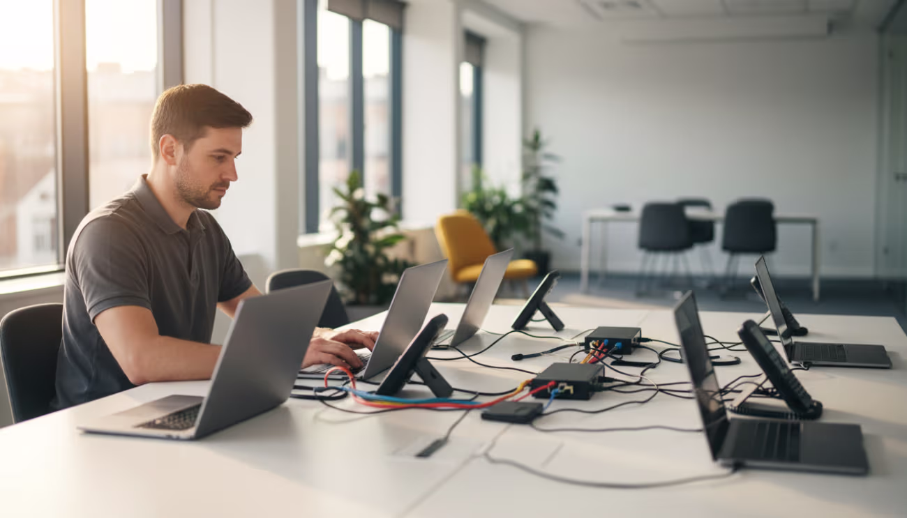 IT technician configuring VoIP services