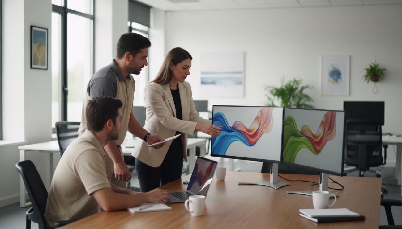 Team discussing VoIP services meeting